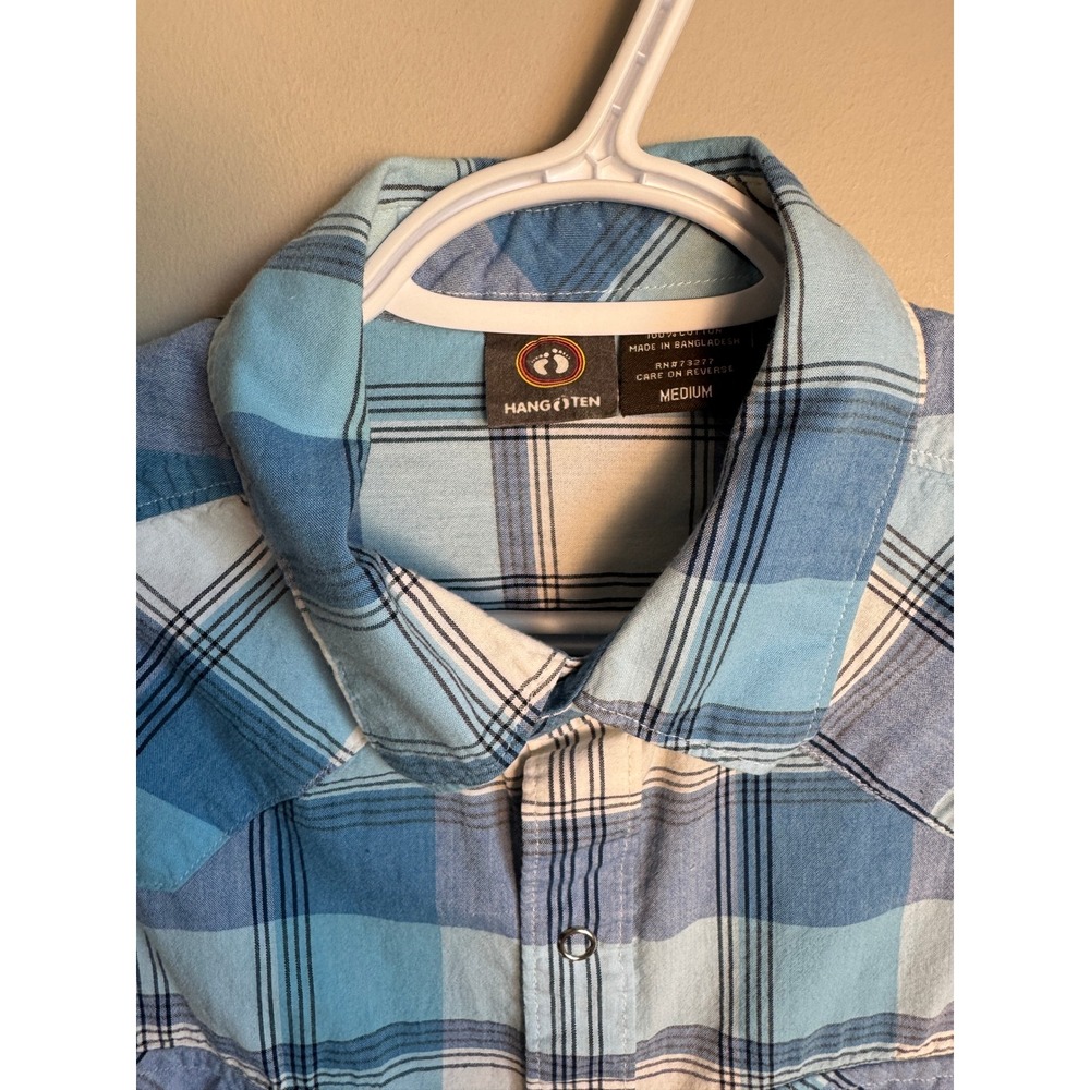 Hang Ten Mens Blue Plaid Western Pearl Snap Shirt Medium Surf Coastal Retro - Picture 6 of 11